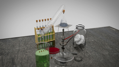 Die Grafik zeigt einen Versuchsaufbau, mit Kolben und Röhrchen.