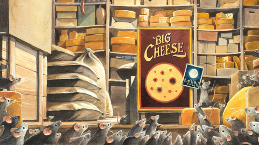 Maud in der Käsefabrik und hält ein Plakat mit Informationen hoch, alle häuse herum schauen sie an