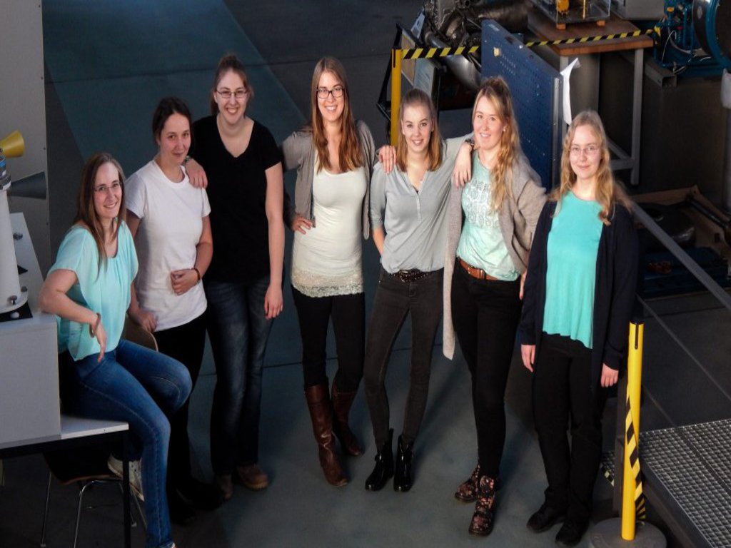 Eine Gruppe Studentinnen posiert in der Halle eines Maschinenraums.
