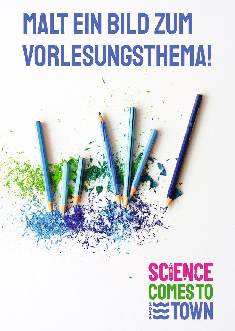 "Malt ein Bild zum Vorlesungsthema" als Aufforderung und darunter Buntstifte in grün, blau und schawarz mit "Science Comes To Town"-Logo unten rechts