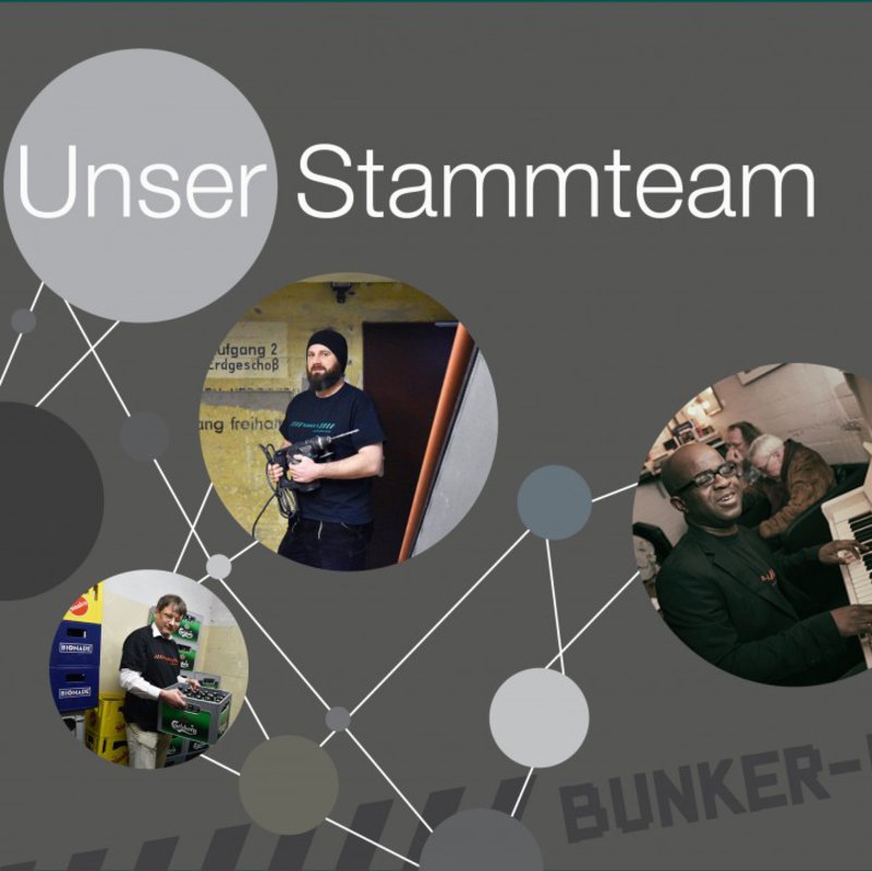 Die Grafik zeigt drei Bildausschnitte, welche das Stammteam des Bunker-D präsentieren.