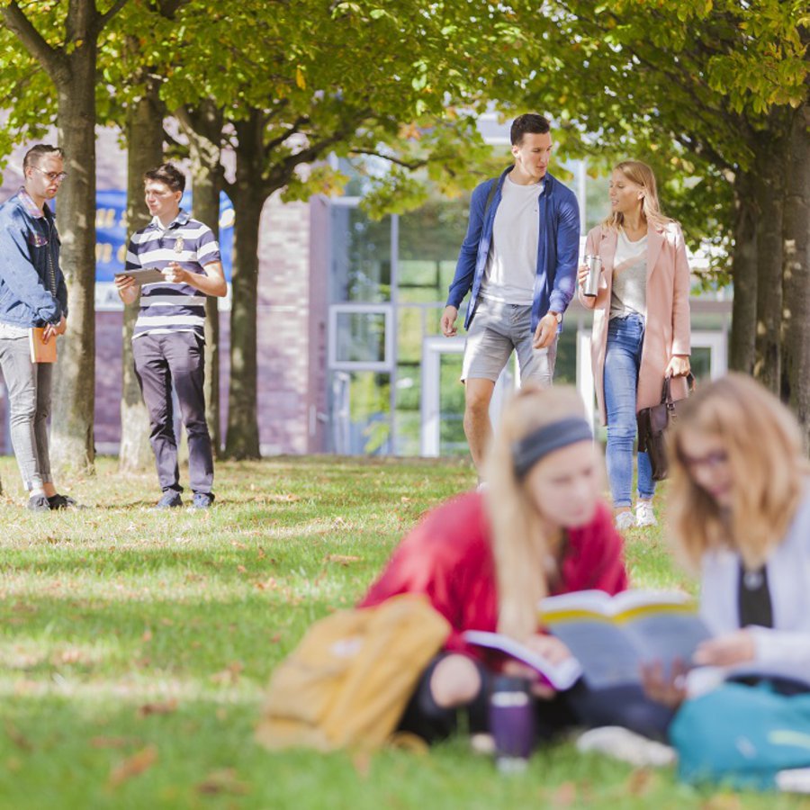 Studierende sitzen im Gras auf dem Sokratesplatz auf dem Kieler Campus der FH Kiel. Foto: Matthias Pilch.
