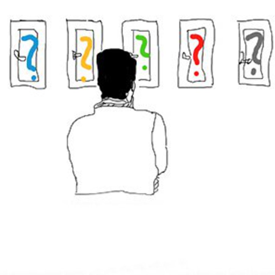 eine Zeichnung, die einen Mann von hinten zeigt, der auf vier verschiedenfarbige Fragezeichen blickt