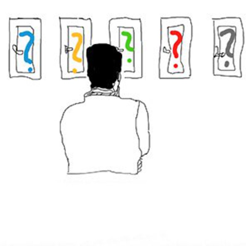 eine Zeichnung, die einen Mann von hinten zeigt, der auf vier verschiedenfarbige Fragezeichen blickt