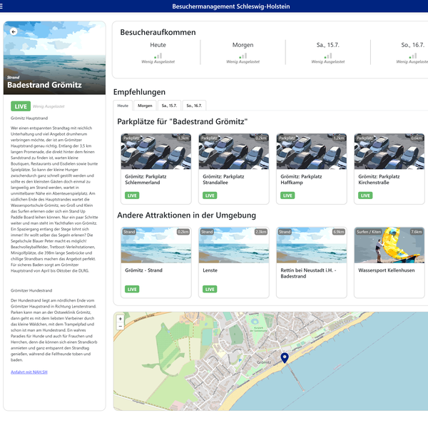 Es ist ein Screenshot zu sehen, mit Informationen über den Badeort Grömitz und Angaben über die Azslastung von Parkplätzen.