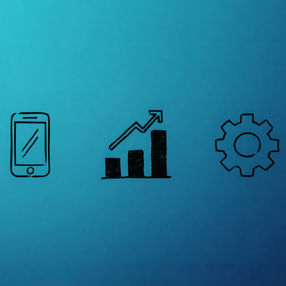 eine Grafik von Studierenden der HAW Kiel, die Batteriemanagement veranschaulichen soll; links im Bild ist ein smartphone zu sehen, in der Mitte drei Balken mit einem von links nach rechts oben verlaufenden Pfeil; ganz rechts ein Zahnrad