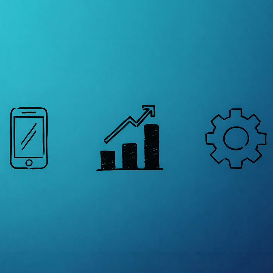 eine Grafik von Studierenden der HAW Kiel, die Batteriemanagement veranschaulichen soll; links im Bild ist ein smartphone zu sehen, in der Mitte drei Balken mit einem von links nach rechts oben verlaufenden Pfeil; ganz rechts ein Zahnrad
