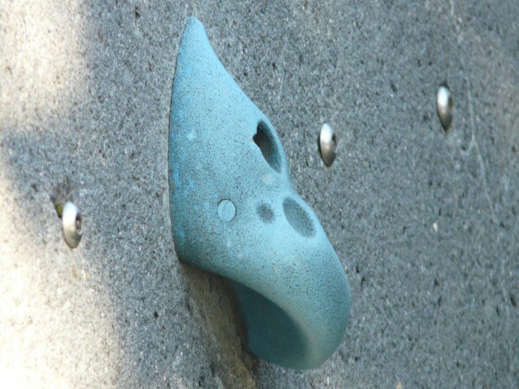 Ein türkiser Griff einer Kletterwand.