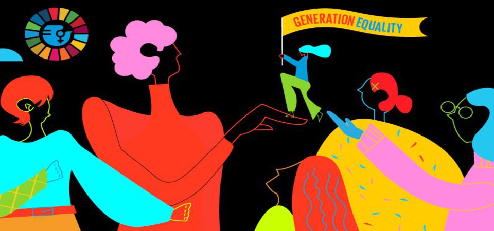 die Illustration der UN zum Internationalen Frauentag 2021 zeigt mehrere Frauen mit einem Banner