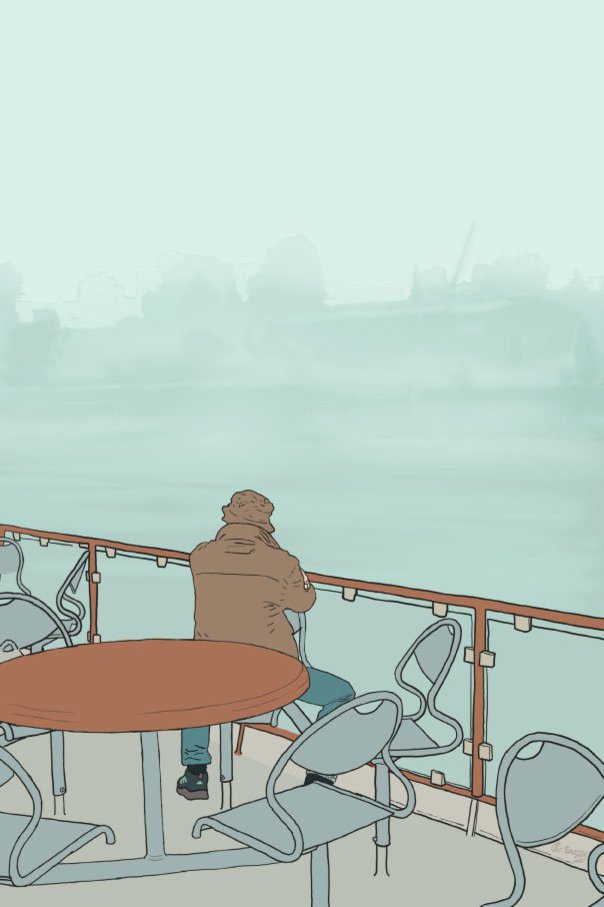 Die Illustration zeigt einen Mann, der in einem Cafe nahe einem Strand sitzt.