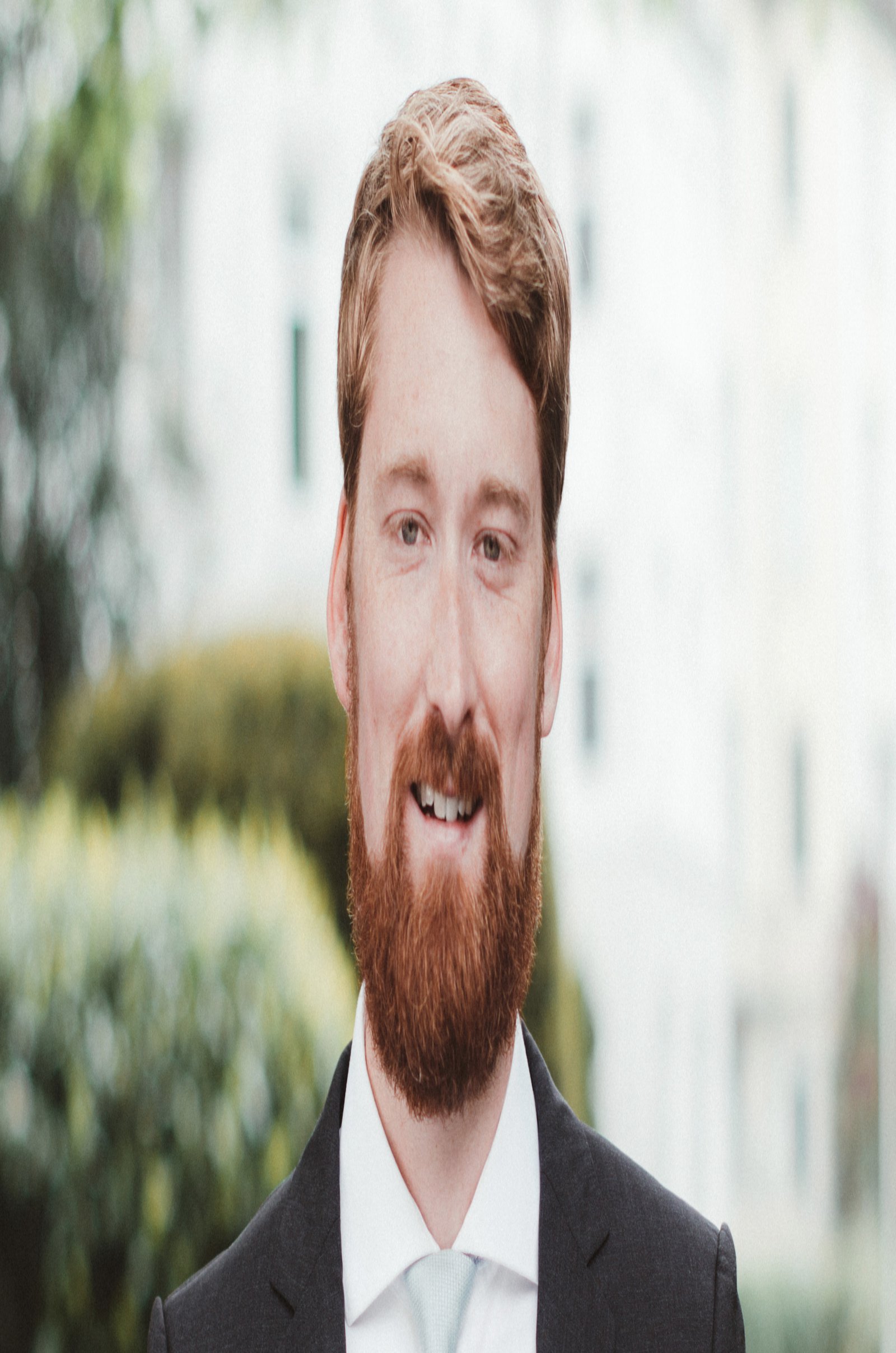 A man in a dark suit with a white shirt, a light-coloured tie, brown hair and a beard