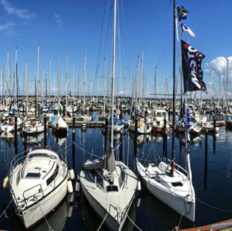 Eine Panoramaaufnahme von einem Yachthafen.