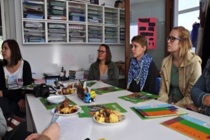 Eine Gruppe Frauen sitzt in einem Büro, am Frühstückstisch.