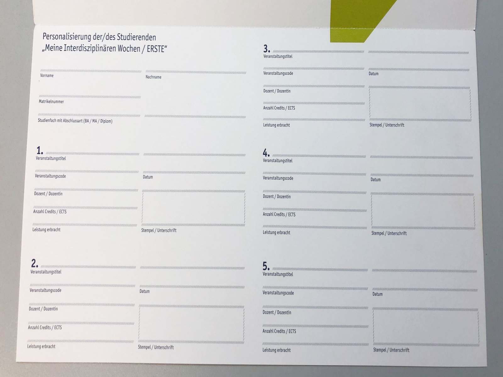 Stempelkarte zur bestätigung der Teilnahme an den Kursen.