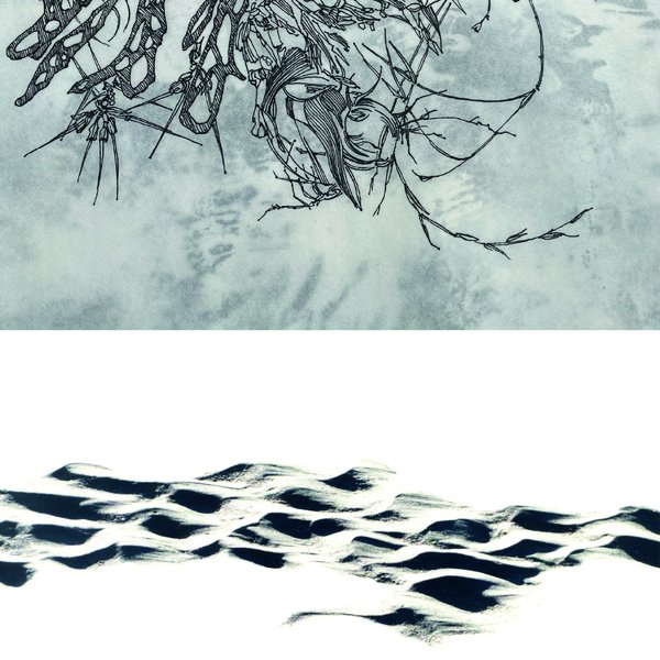 Abstrakte Schwarz-Weiß-Darstellung mit feinen Linienstrukturen im oberen Bildbereich und wellenartigen, schattenähnlichen Formen im unteren Bereich.