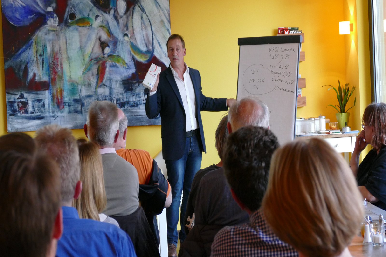 Ein Mann steht an einem Flipchart und hält einen Vortrag in einem farbenfrohen Raum.