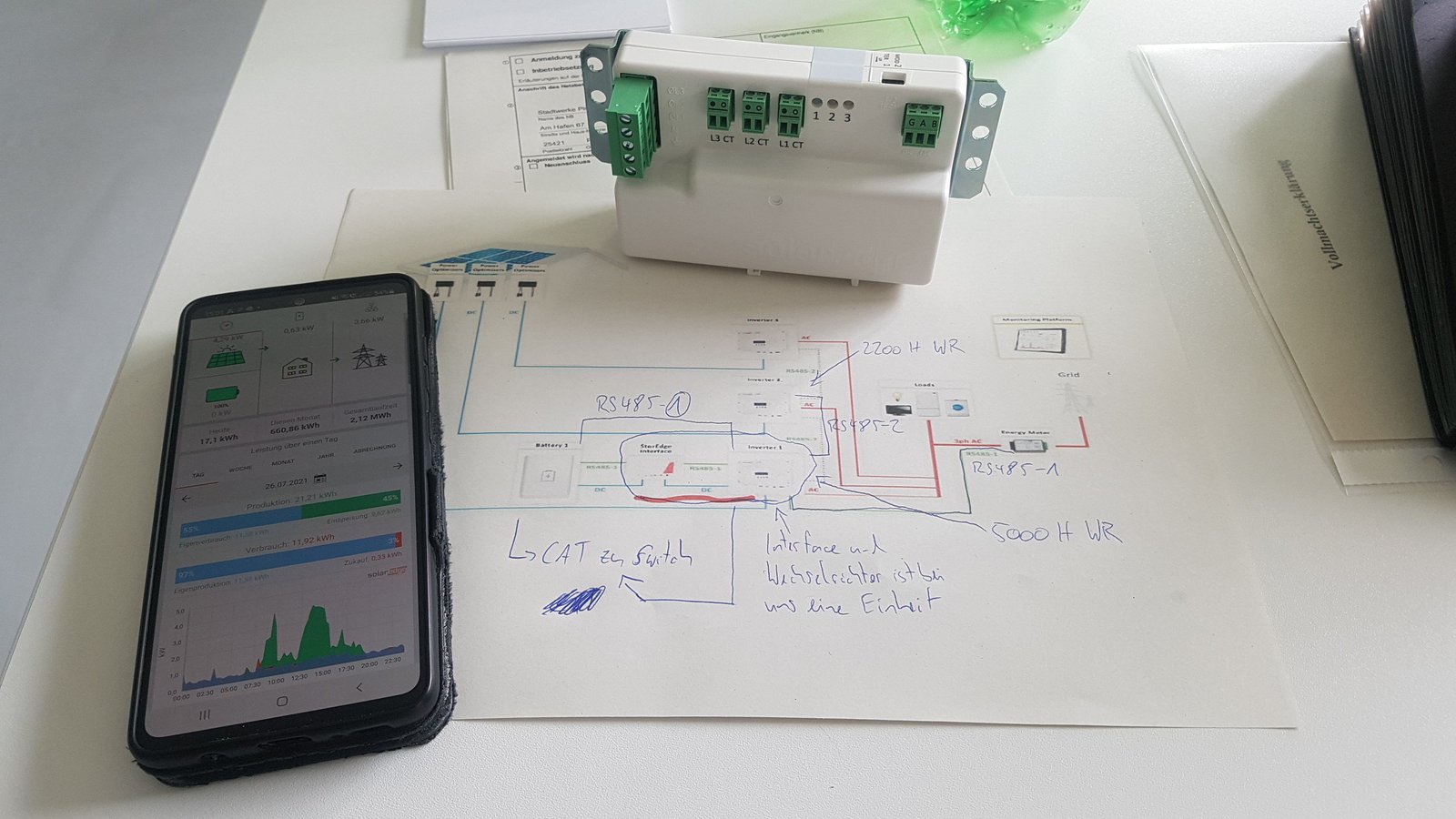 ein Handy und ein Schaltplan auf einem Tisch