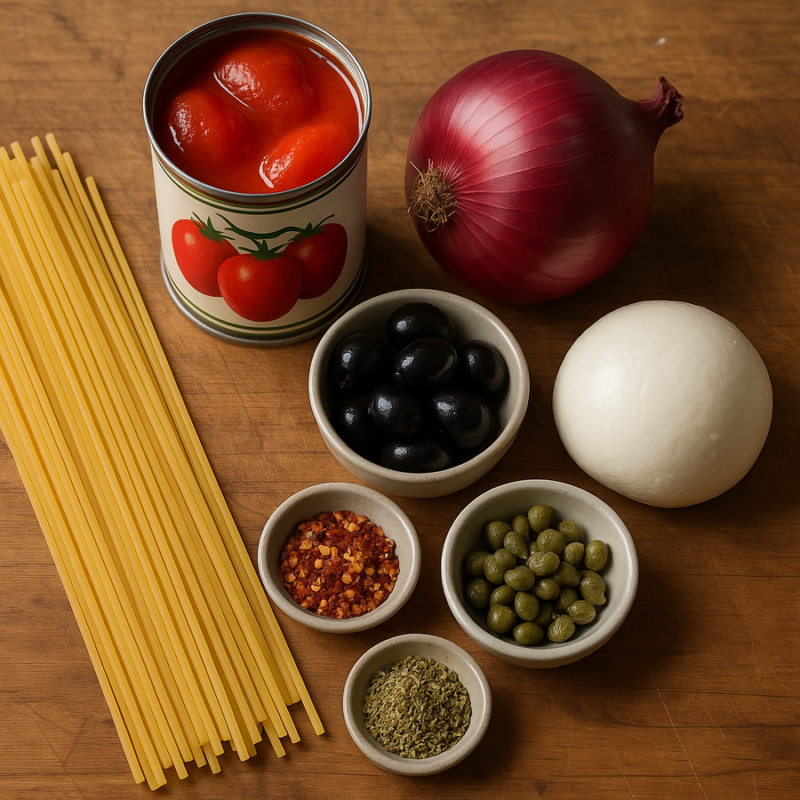 Eine hölzerne Arbeitsfläche einer Küche. Auf ihr liegen Spagetti, eine Dose Tomaten, eine rote Zwiebel, Oliven, Kapern, Mozzarella, Chiliflocken und Oregano.