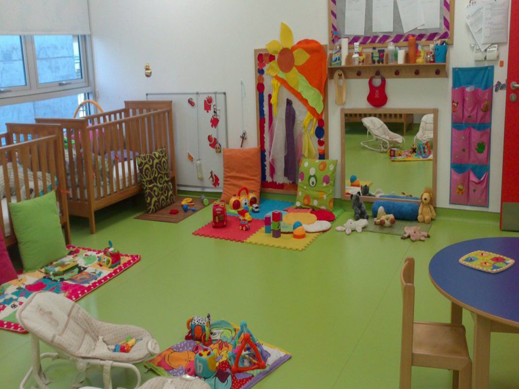 Ein Raum in einer Krippe ist mit grünem Boden ausgelegt. Es befinden sich viele Spielzeuge und Betten in dem Raum.