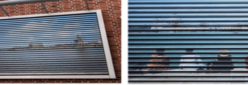 Zwei aufbahmen vom Lamelenbild an der Wand des Mensagebäudes