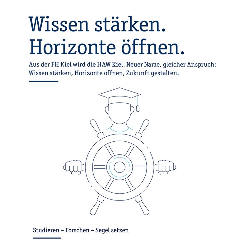 Ansicht eines stilisierten Matrosen am Steuerrad, darüber der Schriftzug Wissen stärken. Horizonte öffnen. Und der Hinweis, dass die FH Kiel umbenannt wird in HAW Kiel