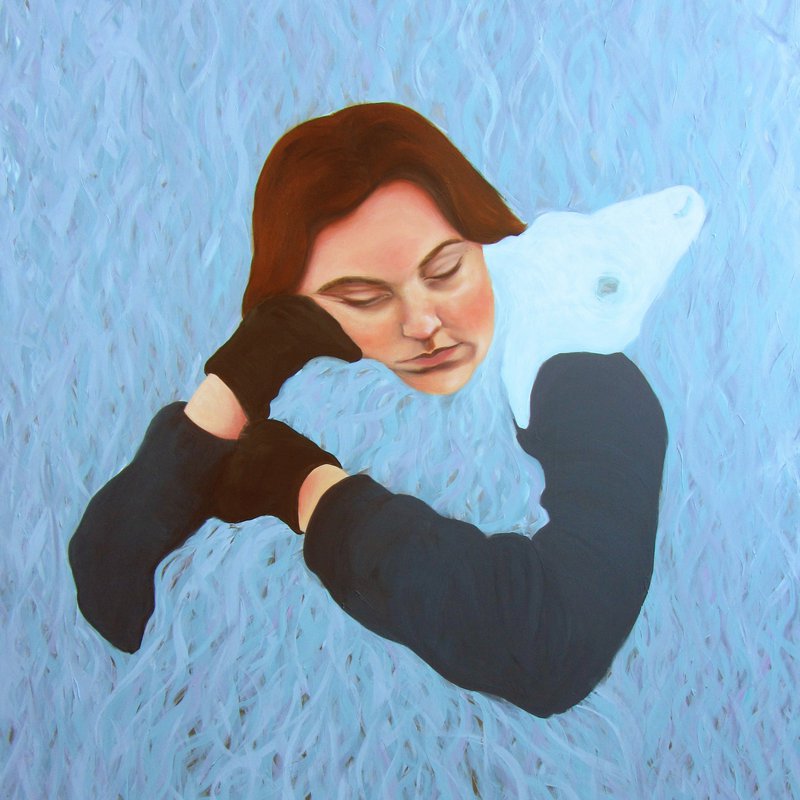 „Animal Rooms2“ zeigt eine junge schlafende Frau in mit einem Schafskopf an der Schulter. 