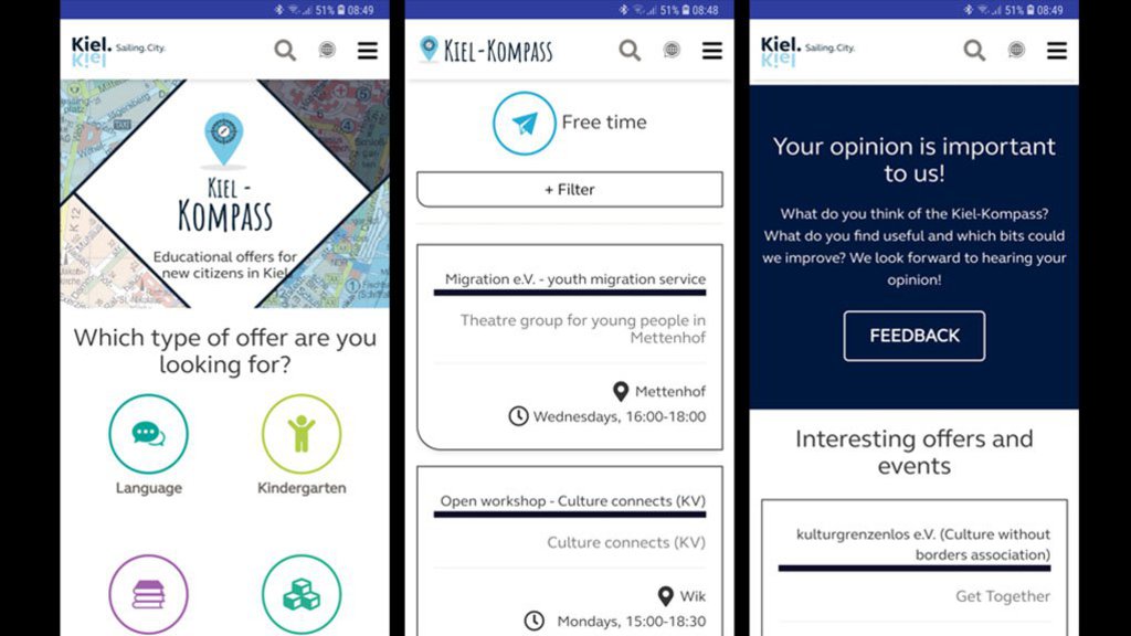 App Oberfläche mit geöffneter Kiel Kompass App
