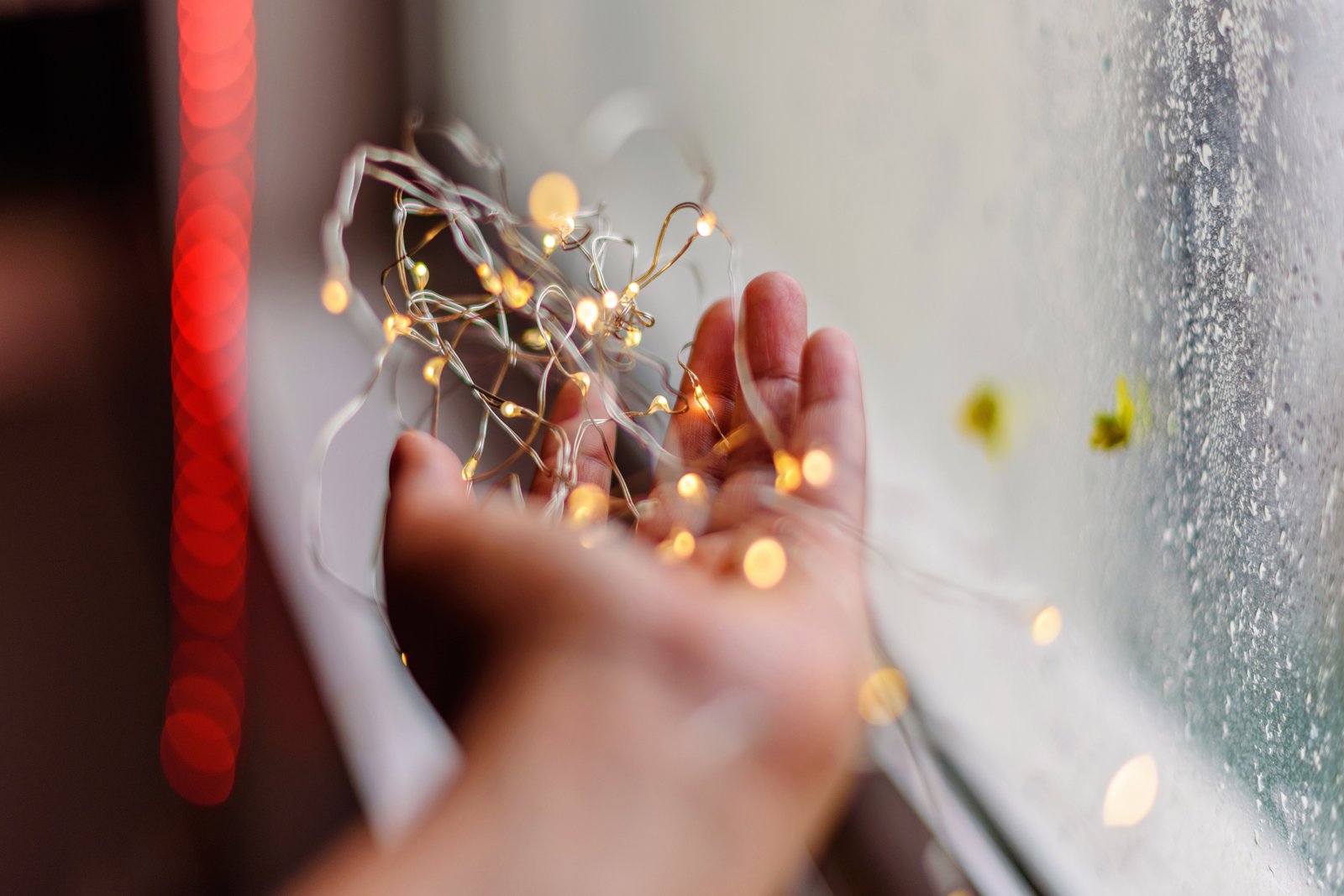 Eine Hand, die eine dünne Lichterkette vor einem beschlagenem Fenster hält.
