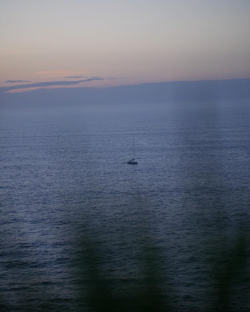 Boot fährt über den Atlantik, Sträucher im Vordergrund