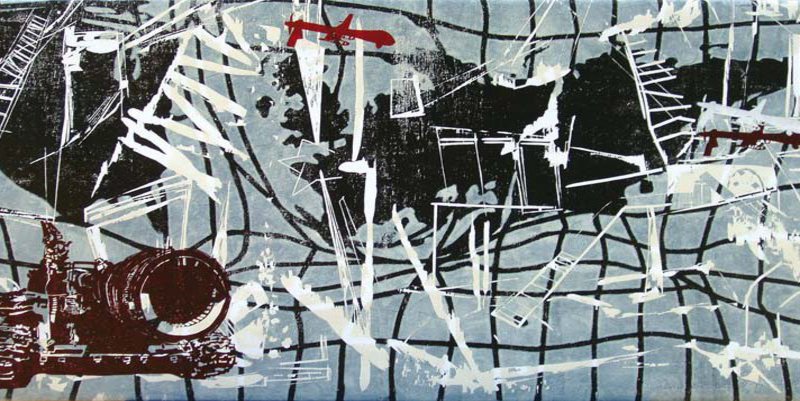 Das surreale Bild zeigt an Gewalt erinnernde Elemente. Der einzig sicher zu identifizierende Gegenstand in dem Bild ist ein Panzer in der unteren lnken Ecke.