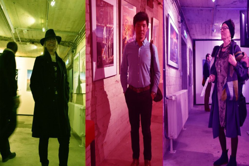 Die Grafik zeigt in drei Bildausschnitten Besucher:innen einer Ausstellung im Bunker-D der FH Kiel.