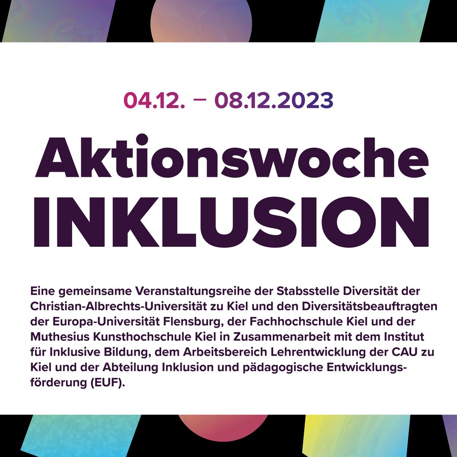 Ankündigung der Aktionswoche Inklusion der FH Kiel, Uni Kiel, Uni Flensburg und Muthesius Kunsthochschule