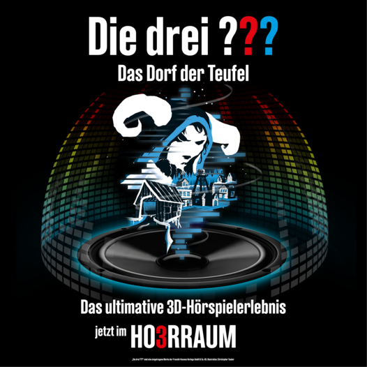 Die drei ??? und das Dorf der Teufel Logo die drei Fragezeichen und das Dorf der Teufel