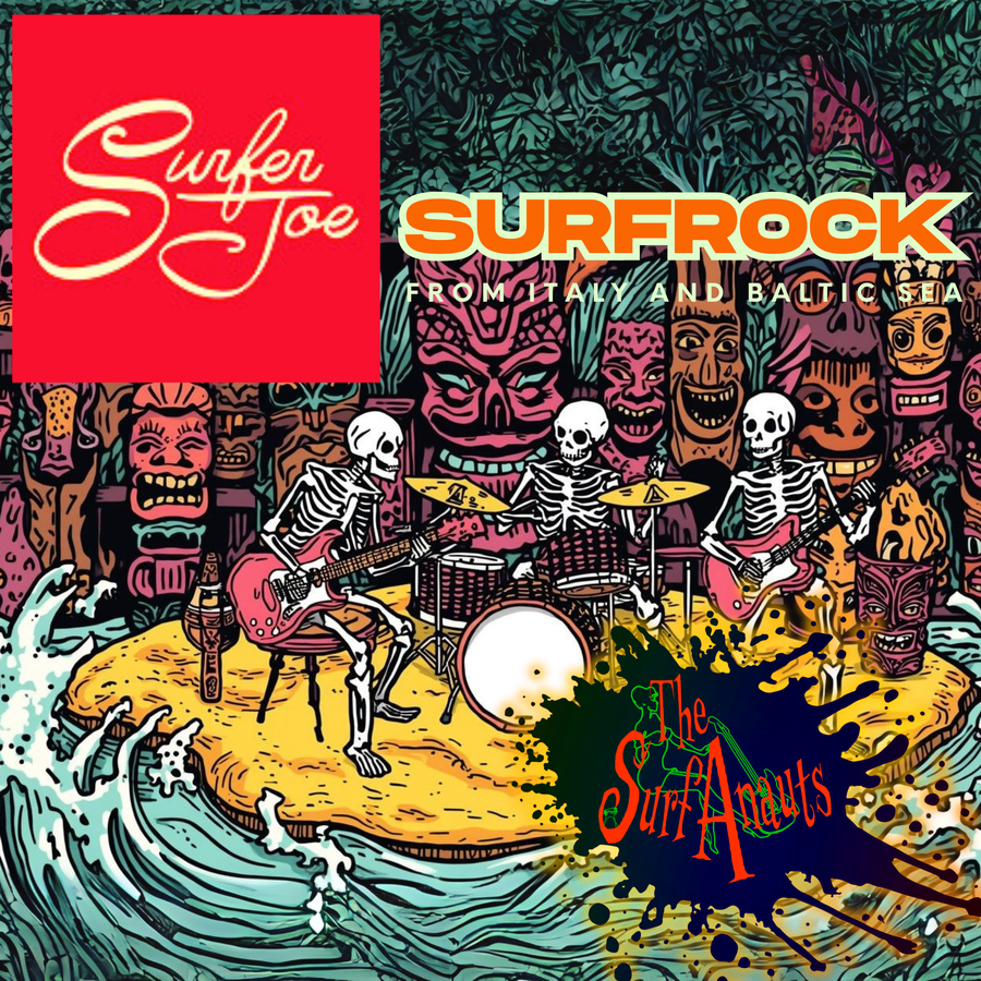 buntes Plakat mit einem roten Quadrat in der linken oberen Ecke und zwei Bandnamen - Surfer Joe und Surfanauts