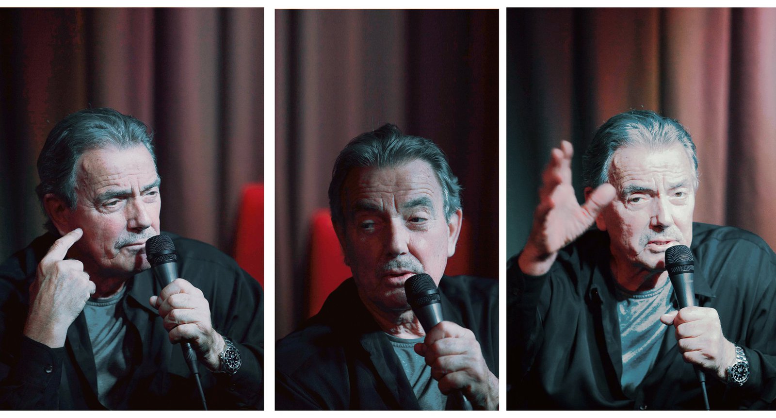 Ein dreigeteiltes BIld auf dem ein Mann in verschiedenen Posen abgebildet ist.