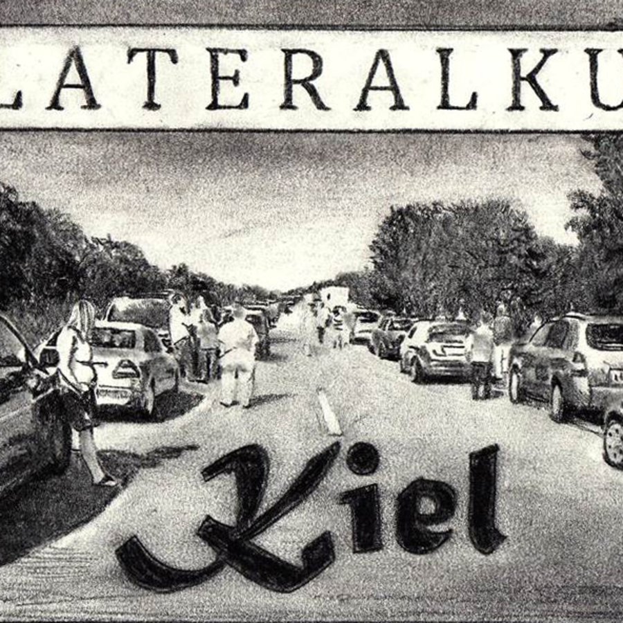 Schwarz-Weißbild mit Schriftzug "Kollateralkunst"
