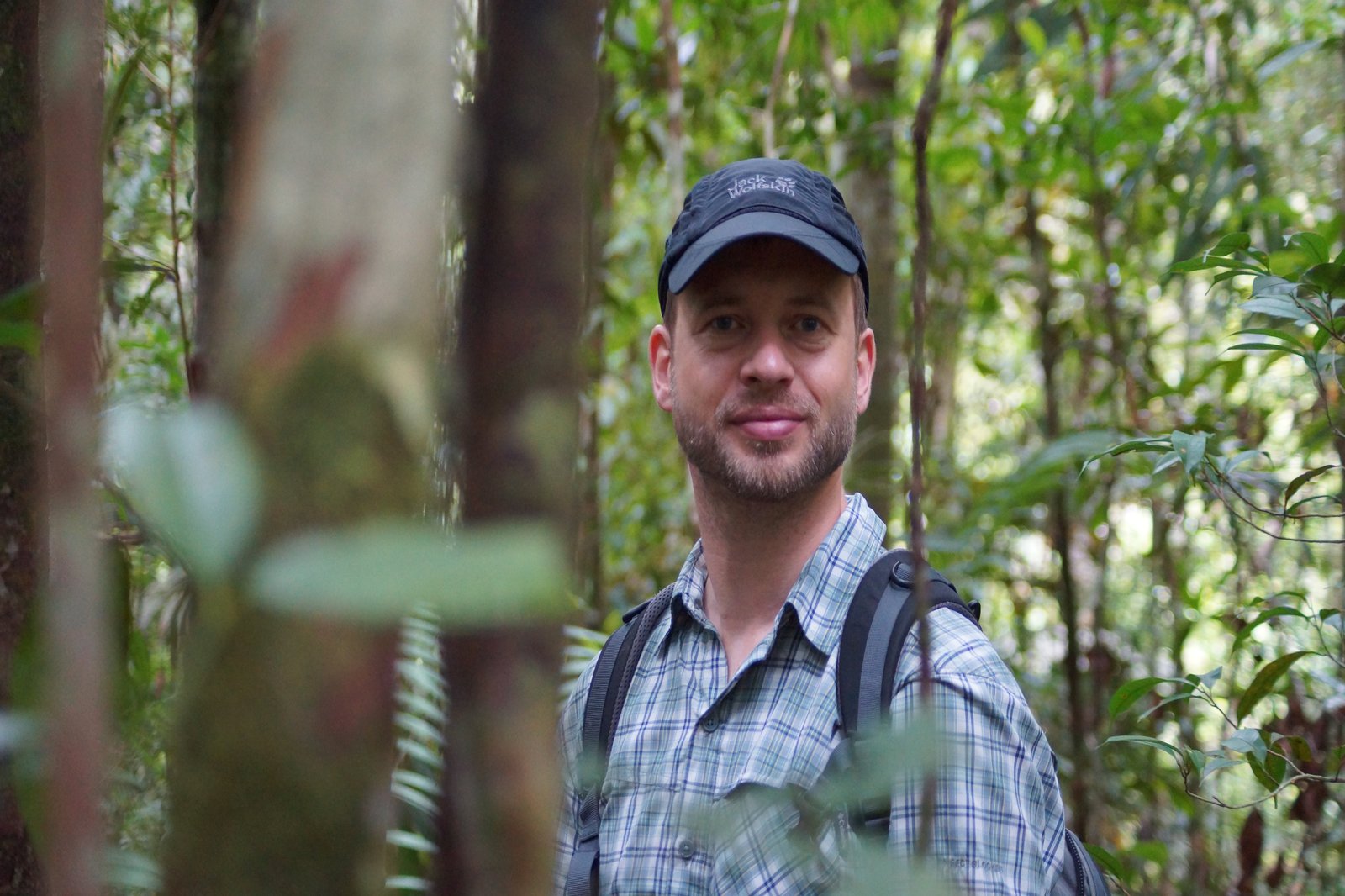 ein Mann steht zwischen dünnen Baumstämmen und schaut in die Kamera.