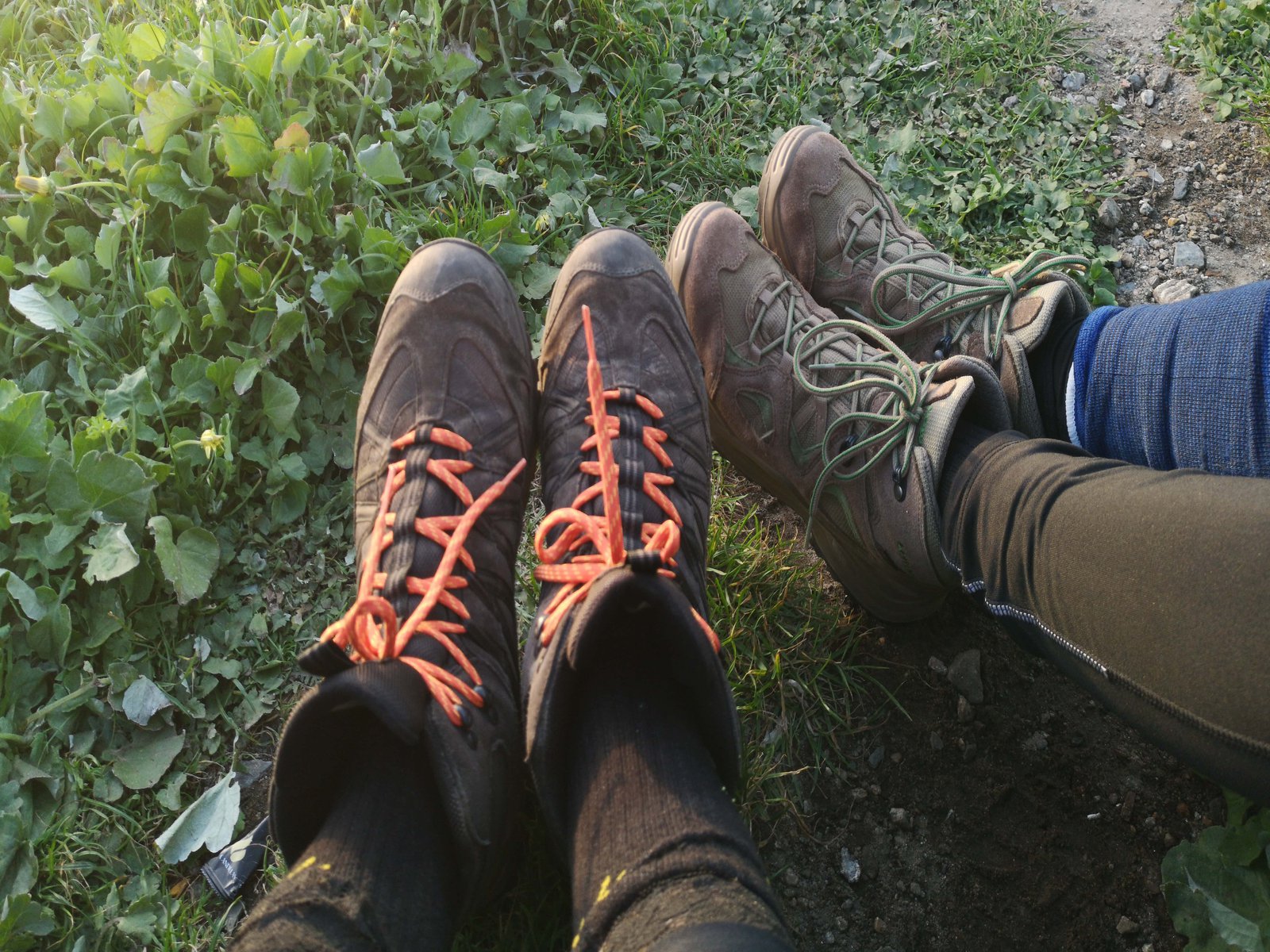 Zwei Paar Wanderstiefel die auf Rasen ruhen.
