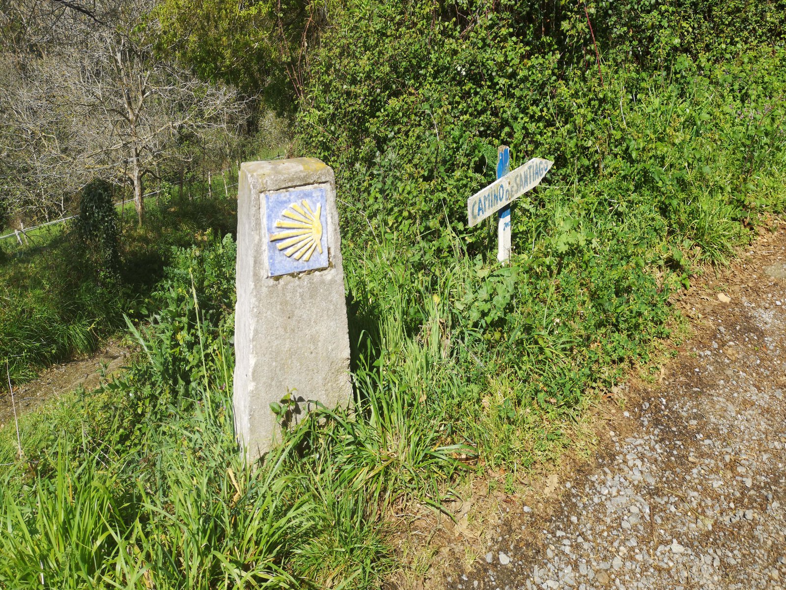 Ein Stein mit einem gelben Muschelsymbol und ein Wegweiser am Wegerand.