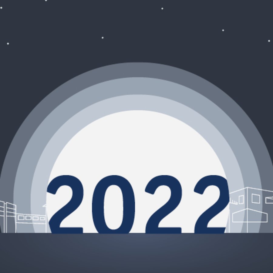 Die Skyline der FH Kiel als Zeichnung, in der Mitte die Jahreszahl 2022