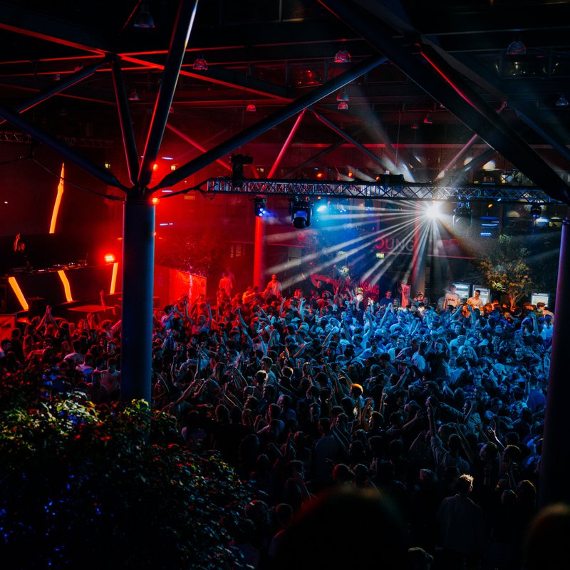 Eine Menge an Studierenden tanz auf einem Dancefloor.