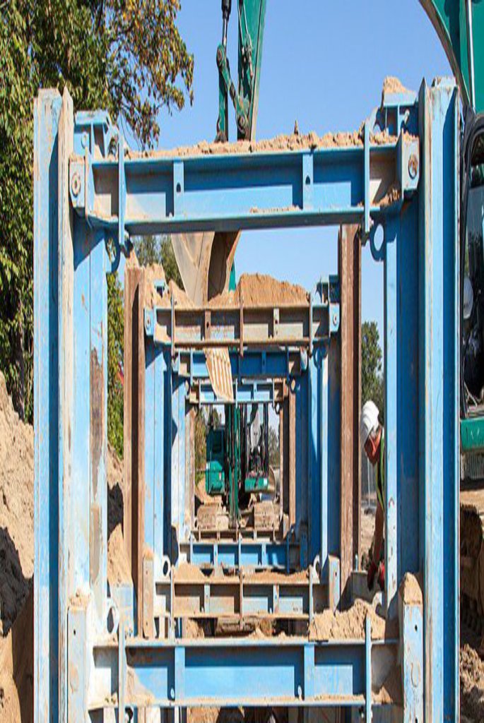 Blaue Metallgestelle werden mit einem grünen Kran in den Boden eingesetzt.