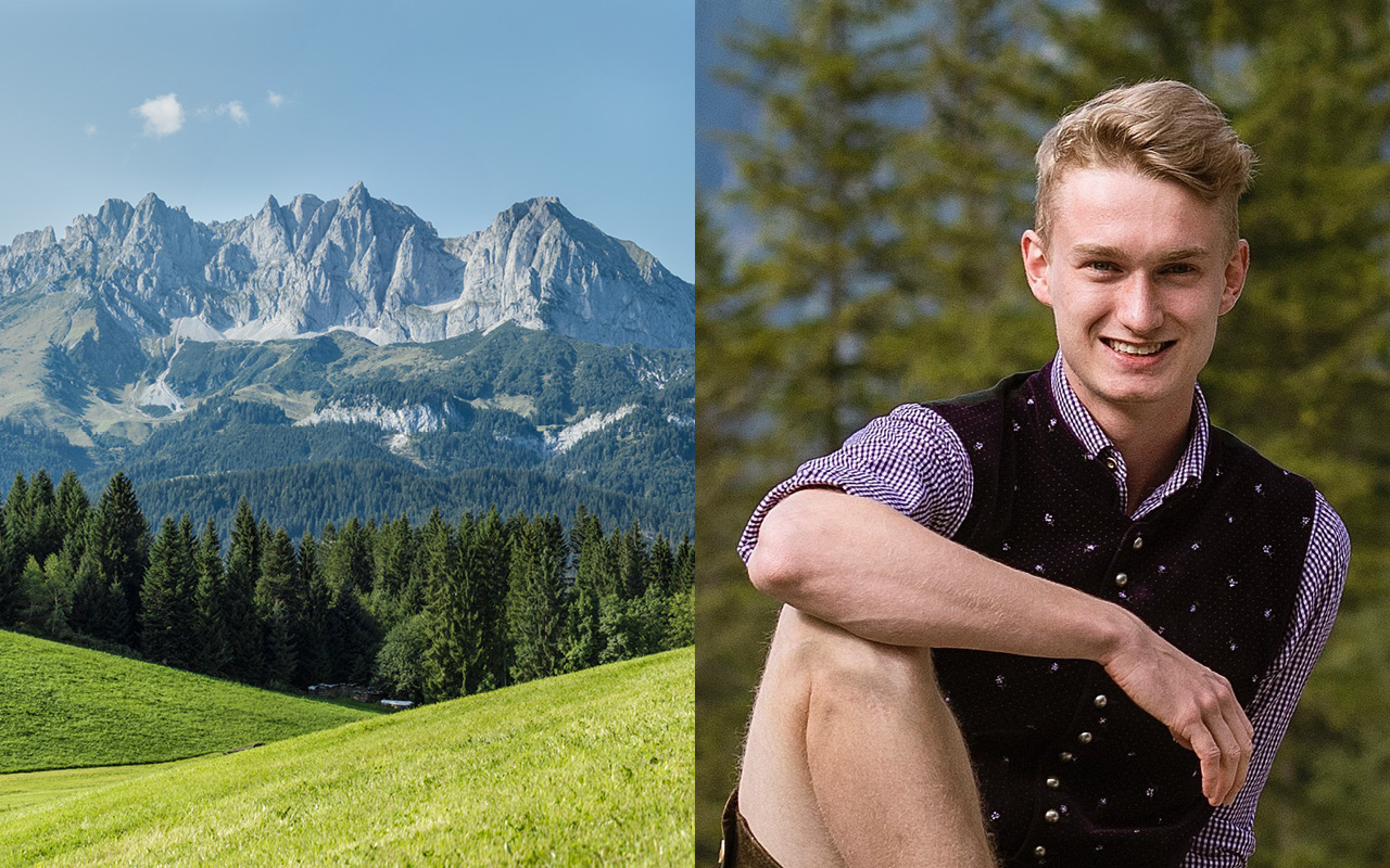 Geteiltes Bild: Links Berge, rechts das Portrait eines jungen Mannes