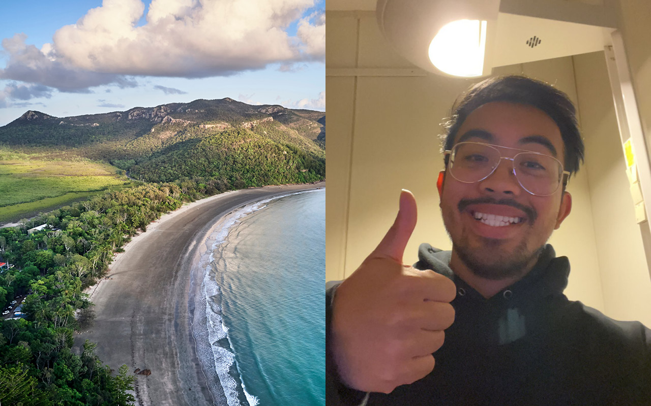 Geteiltes Bild: Links ein Strand, rechts das Selfie eines jungen Mannes