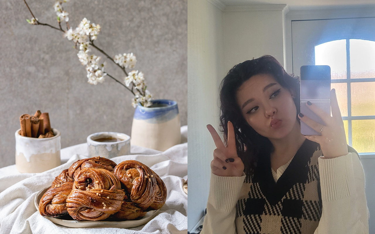 Geteiltes Bild: Links Gebäck, rechts das Selfie einer jungen Frau