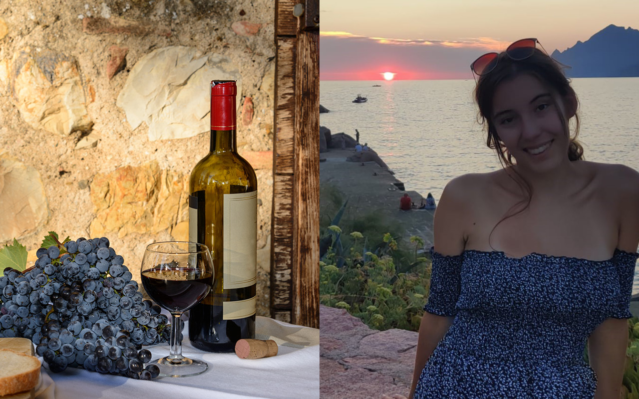 Geteiltes Bild: Links Wein und Weintrauben, rechts das Portrait einer jungen Frau