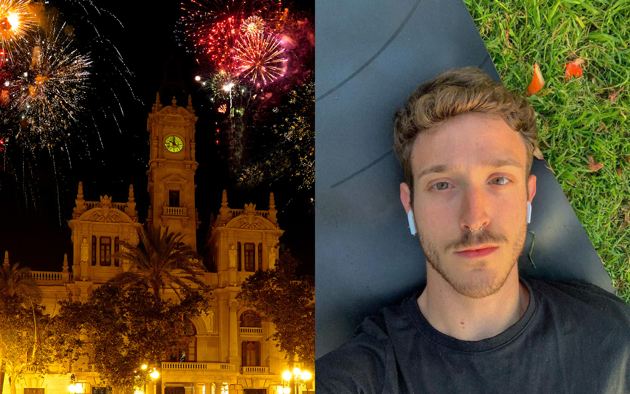 Geteiltes Bild: Links Feuerwerk in einer Stadt, rechts das Selfie eines jungen Mannes