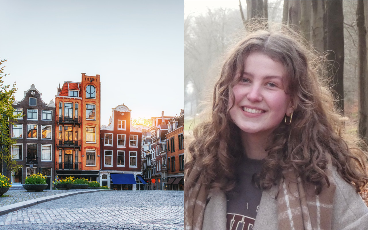 Geteiltes Bild: Links Häuser in einer Stadt, rechts das Portrait einer jungen Frau