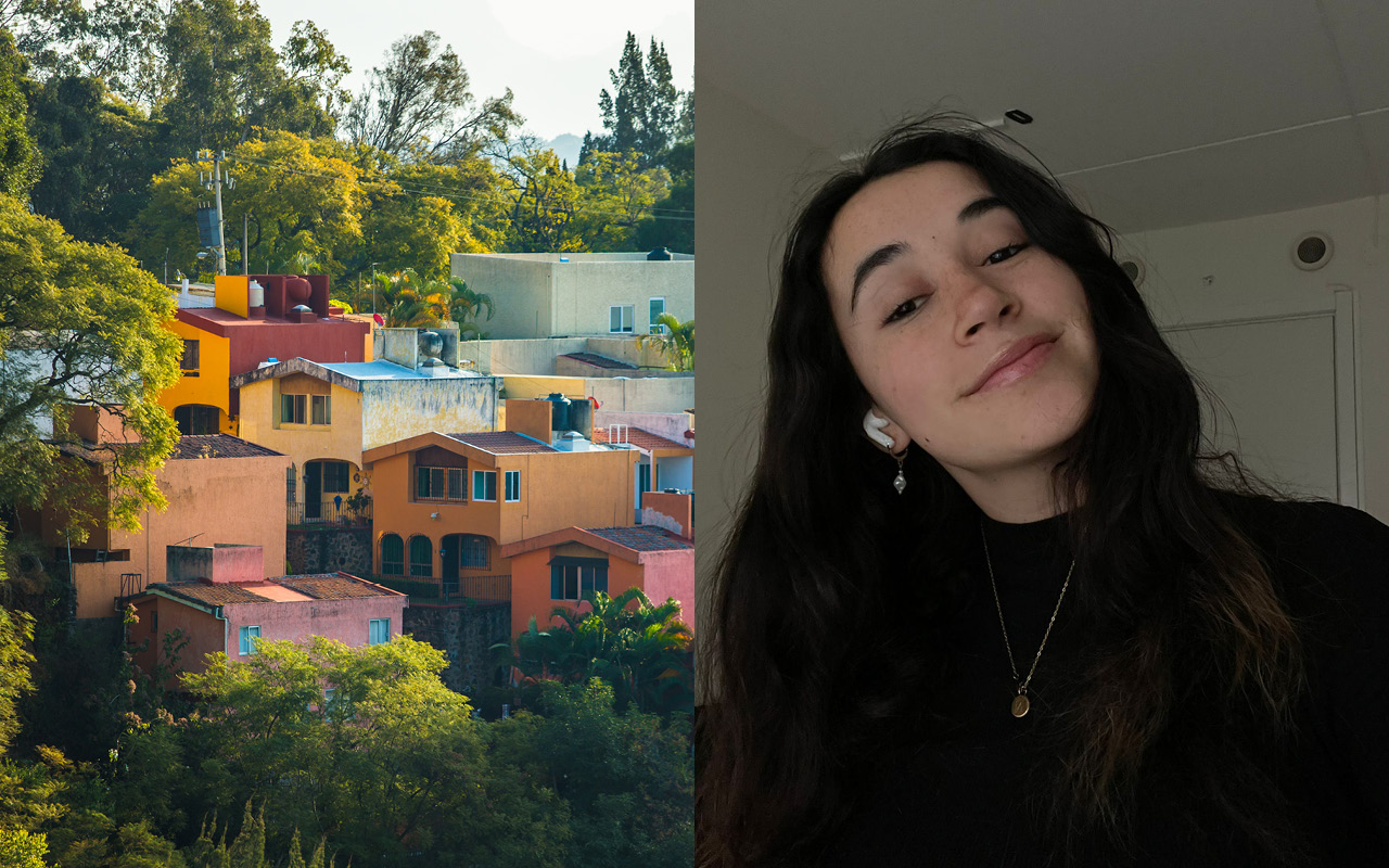 Geteiltes Bild: Links bunte Häuser am Hang, rechts das Selfie einer jungen Frau