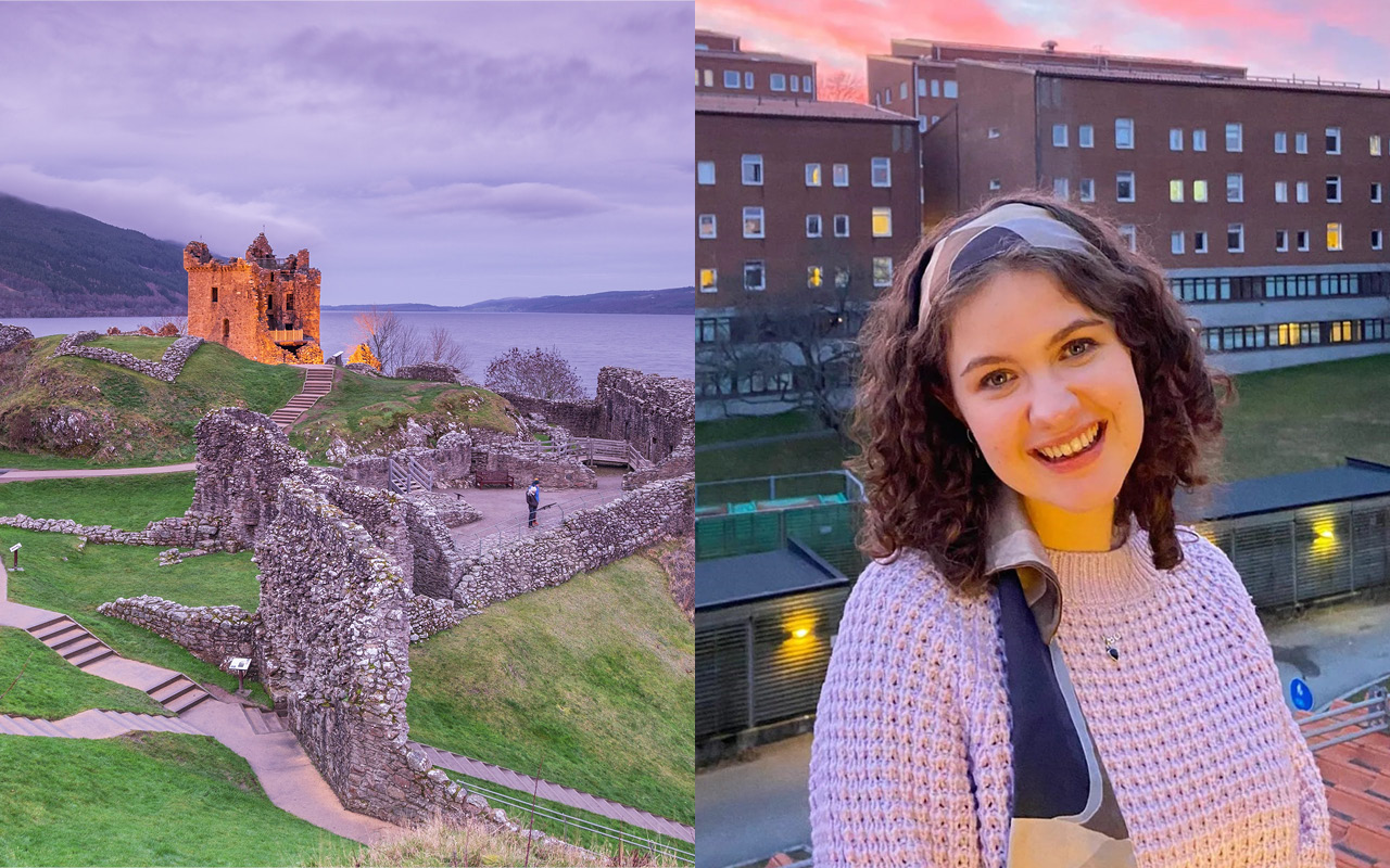 Geteiltes Bild: Links Landschaft, rechts das Portrait einer jungen Frau